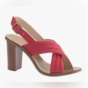 J. Crew Marcie red suede stitched accent strappy stacked block heel. Size 9 1/2.